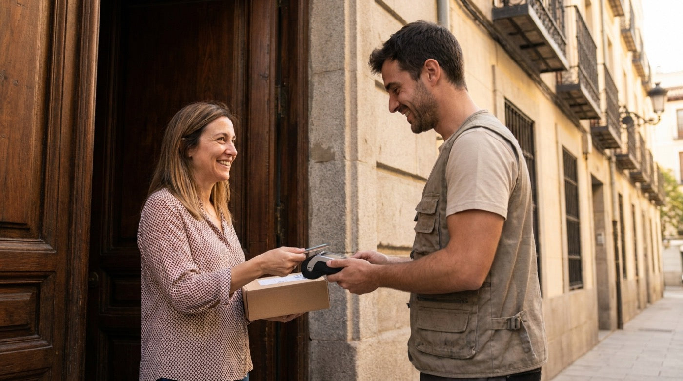 Repartidor entregando un pedido Hallanza y cobrando con tarjeta en la puerta